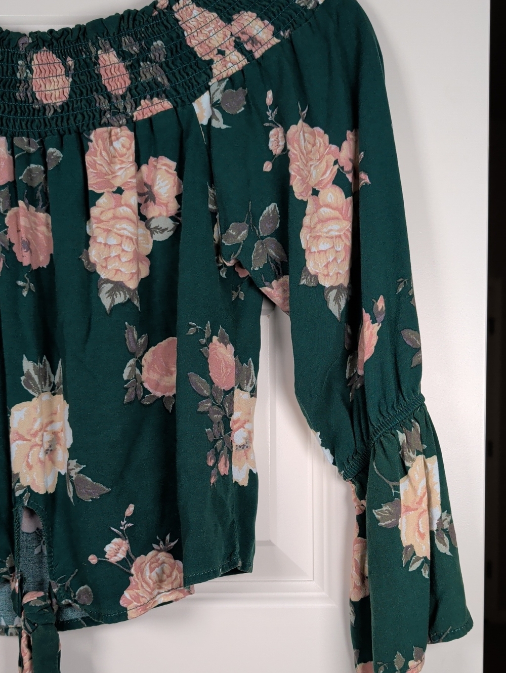 Heart Hips Green Floral Off-Shoulder Tie-Front Blouse - Picture 9 of 10